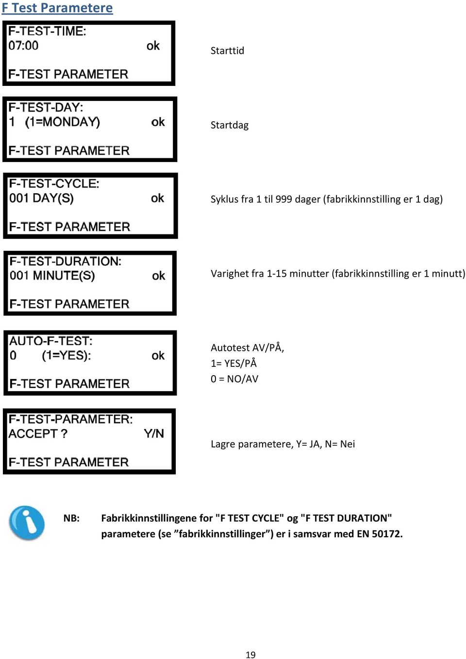 YES/PÅ 0 = NO/AV Lagre parametere, Y= JA, N= Nei Fabrikkinnstillingene for "F TEST