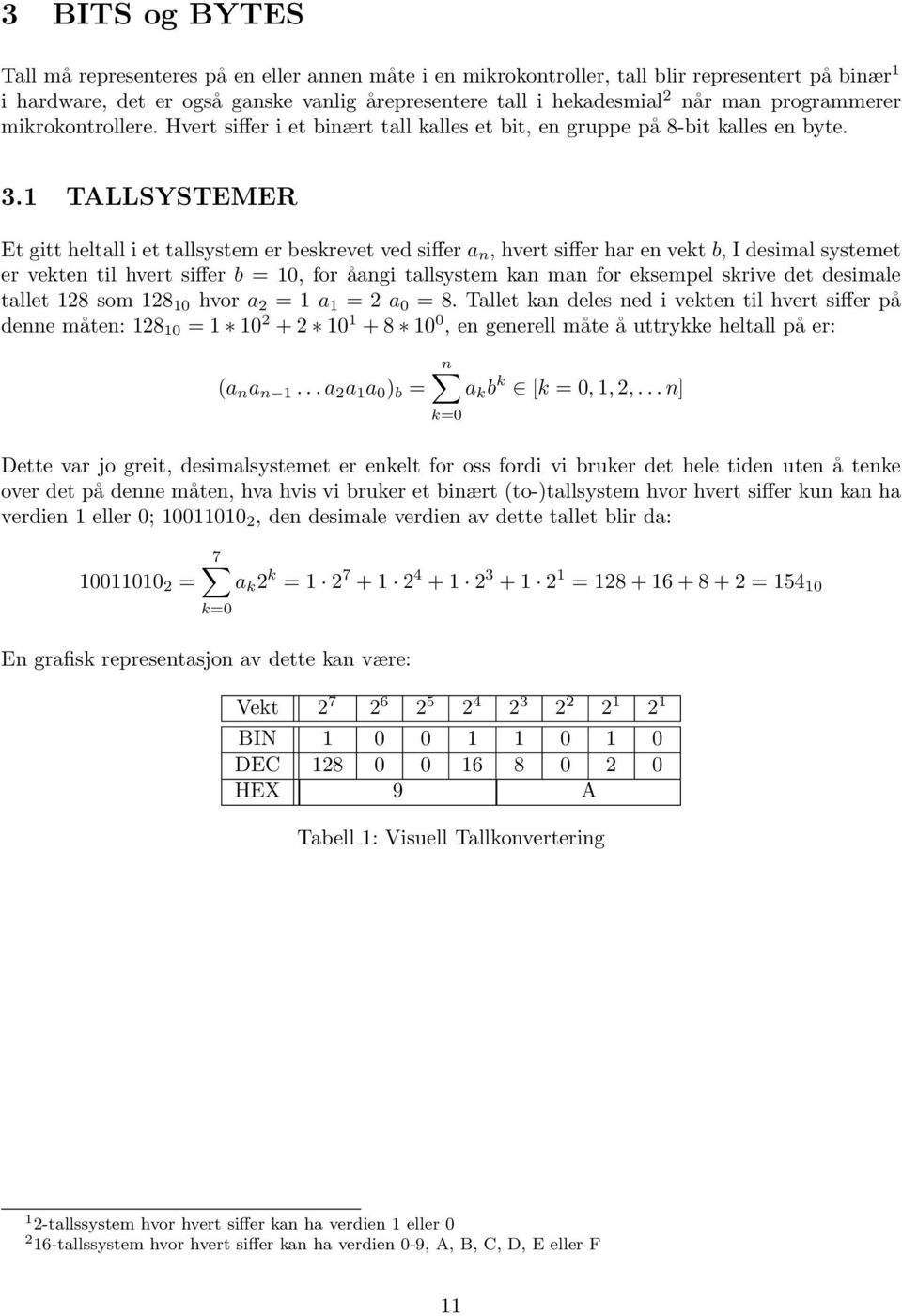 1 TALLSYSTEMER Et gitt heltall i et tallsystem er beskrevet ved siffer a n, hvert siffer har en vekt b, I desimal systemet er vekten til hvert siffer b = 10, for åangi tallsystem kan man for eksempel