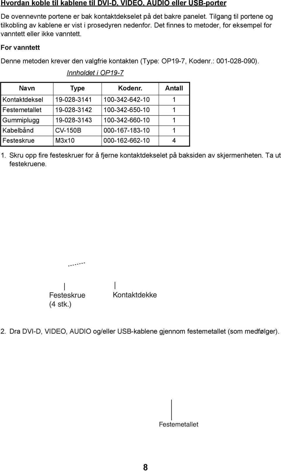 For vanntett Denne metoden krever den valgfrie kontakten (Type: OP19-7, Kodenr.: 001-028-090). Innholdet i OP19-7 Navn Type Kodenr.