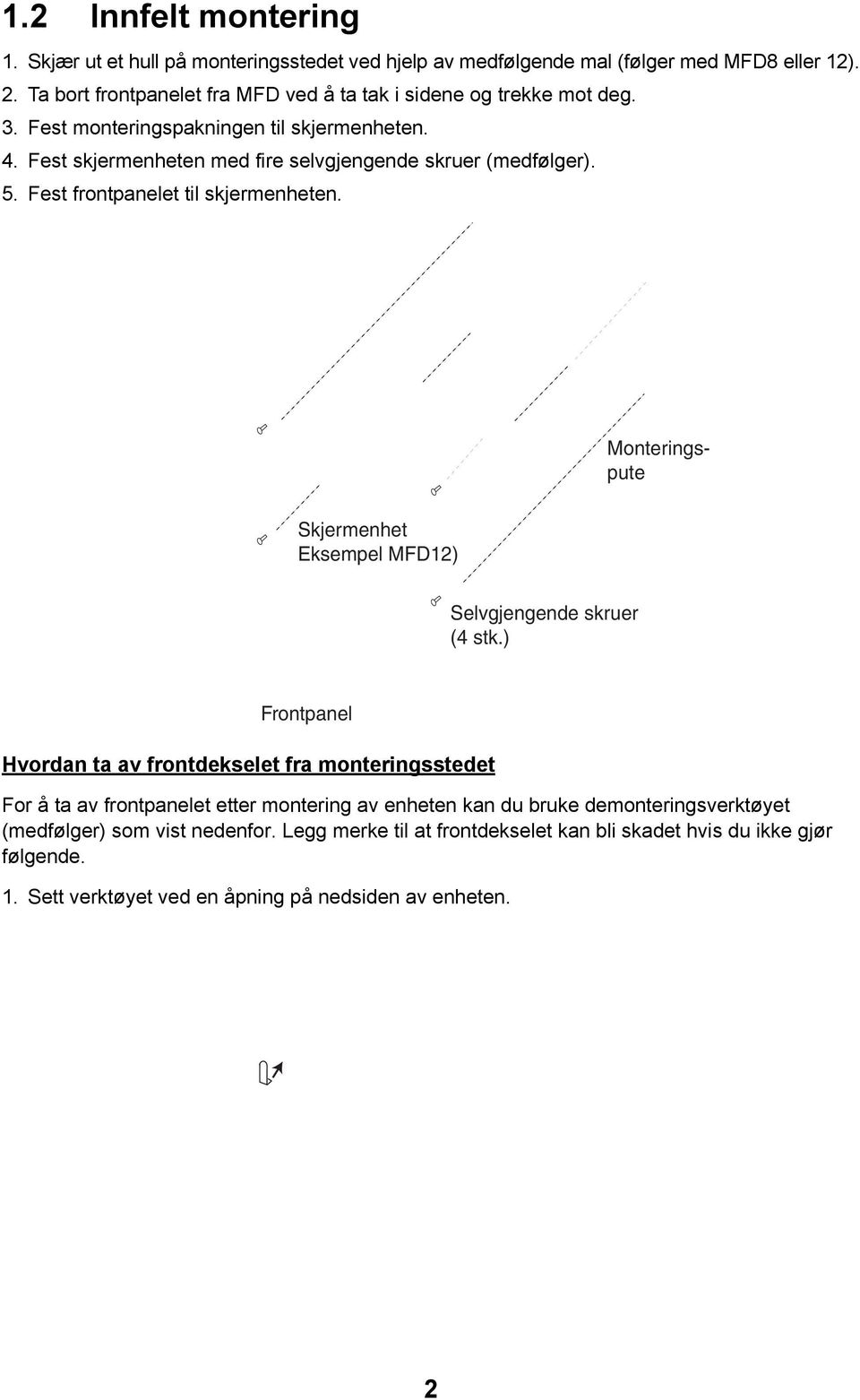 Fest frontpanelet til skjermenheten. Utsnitt Monteringspute Skjermenhet Eksempel MFD12) Selvgjengende skruer (4 stk.