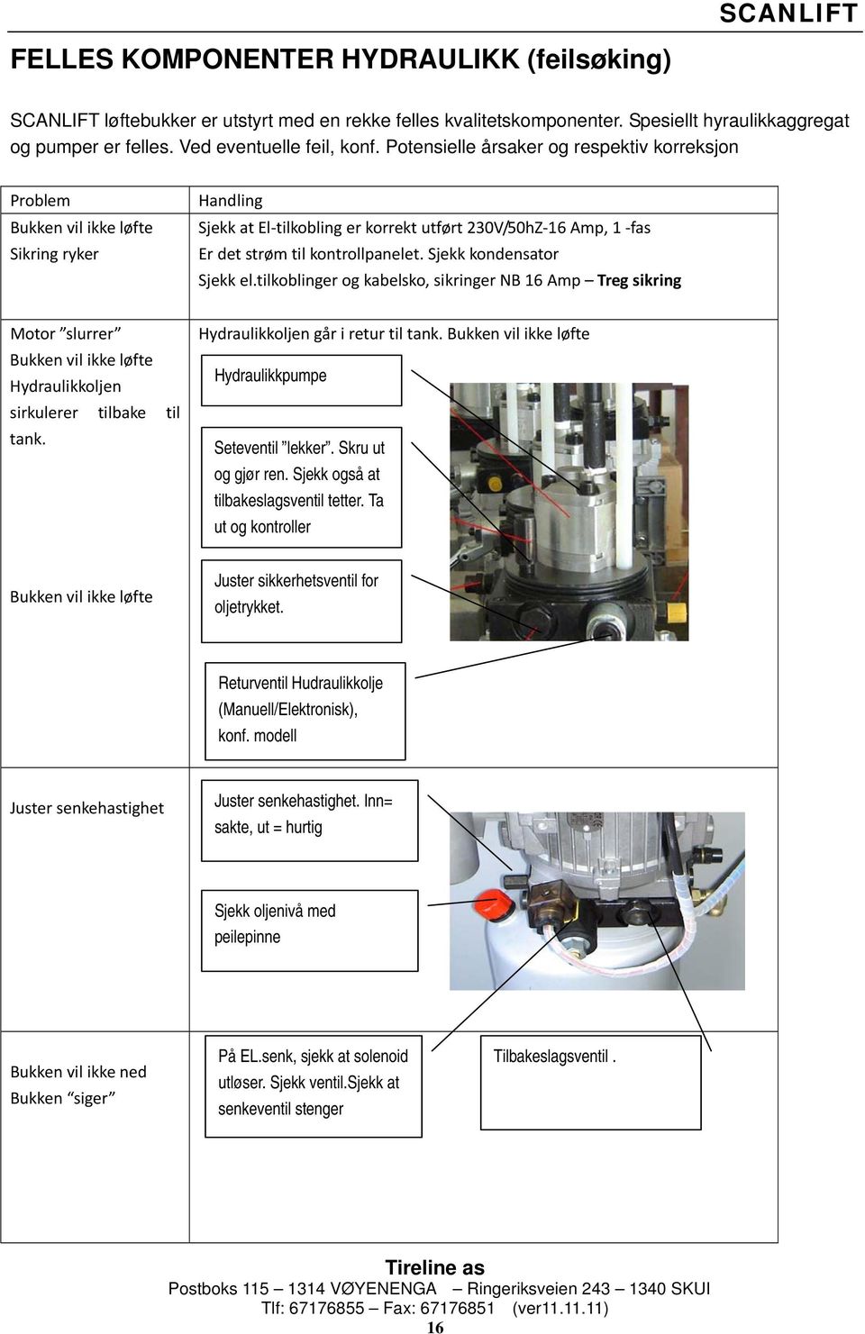 Sjekk kondensator Sjekk el.tilkoblinger og kabelsko, sikringer NB 16 Amp Treg sikring Motor slurrer Bukken vil ikke løfte Hydraulikkoljen sirkulerer tilbake til tank.