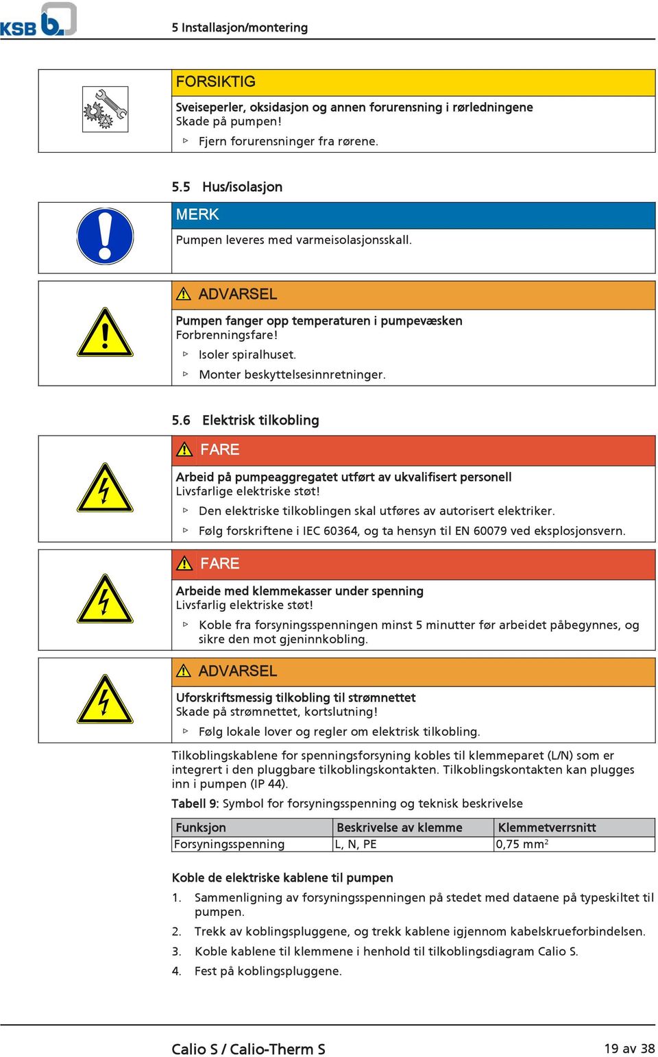 6 Elektrisk tilkobling FARE Arbeid på pumpeaggregatet utført av ukvalifisert personell Livsfarlige elektriske støt! Den elektriske tilkoblingen skal utføres av autorisert elektriker.