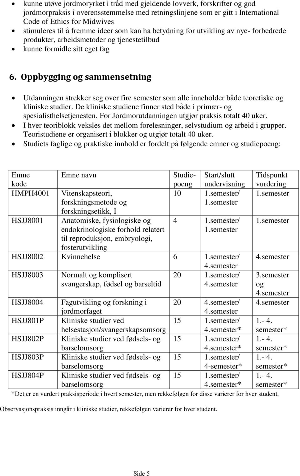 Oppbygging og sammensetning Utdanningen strekker seg over fire semester som alle inneholder både teoretiske og kliniske studier.