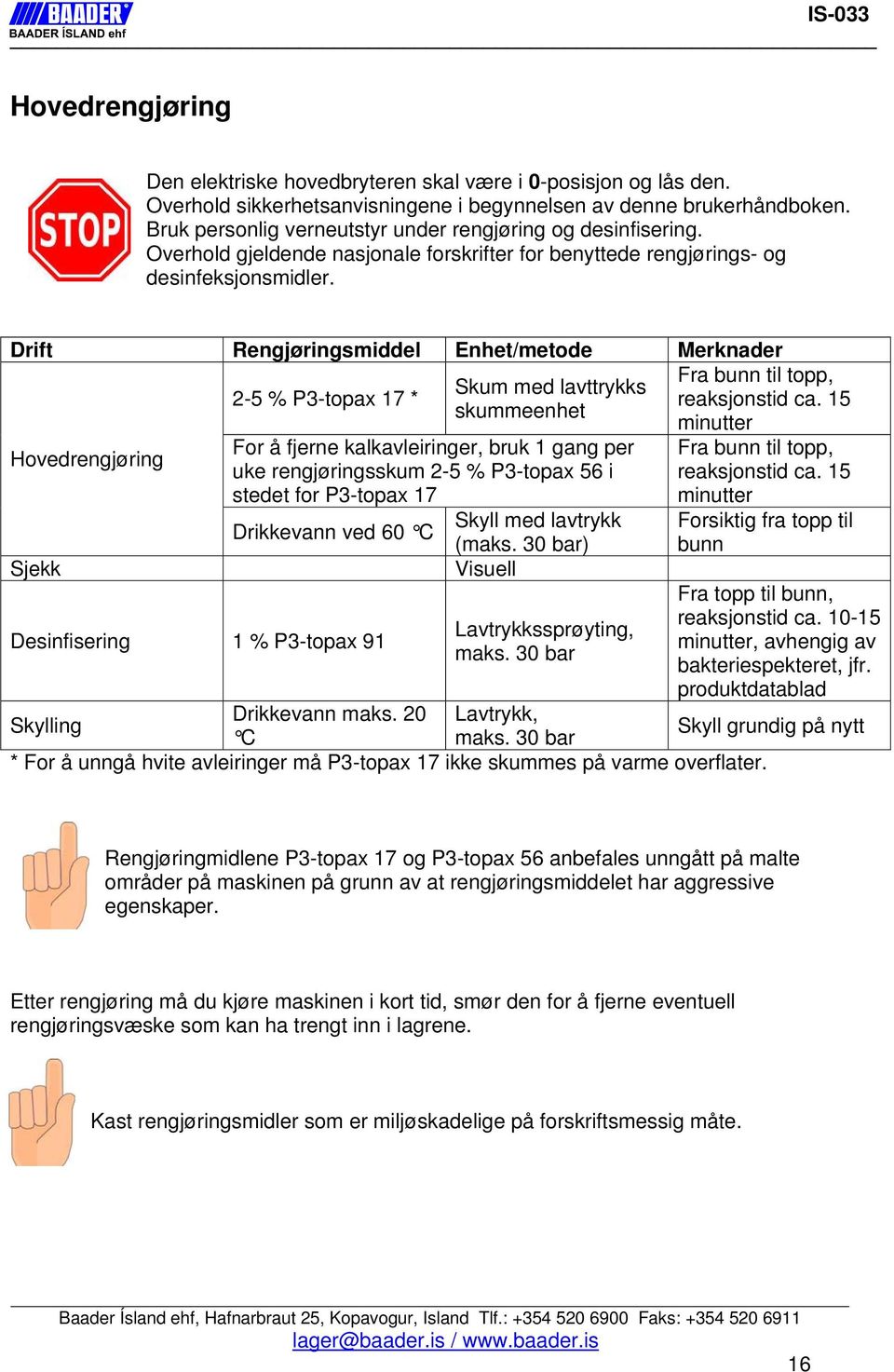 Drift Rengjøringsmiddel Enhet/metode Merknader Hovedrengjøring Sjekk - % P-topax 7 * Desinfisering % P-topax 9 Skum med lavttrykks skummeenhet For å fjerne kalkavleiringer, bruk gang per uke