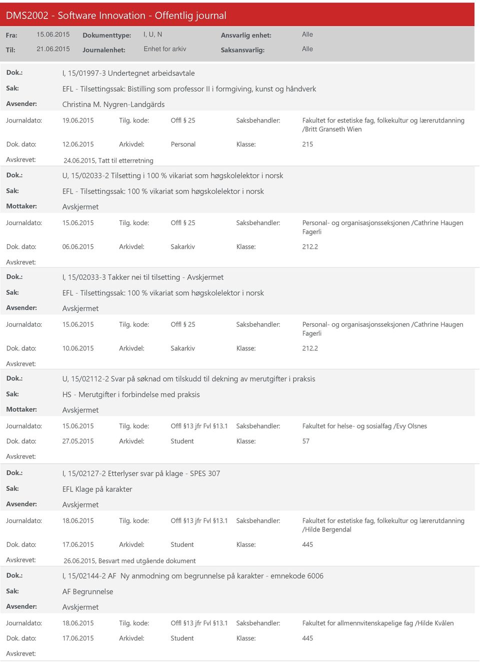 Offl 25 Personal- og organisasjonsseksjonen /Cathrine Haugen Fagerli Dok. dato: 06.06.2015 Arkivdel: Sakarkiv 212.