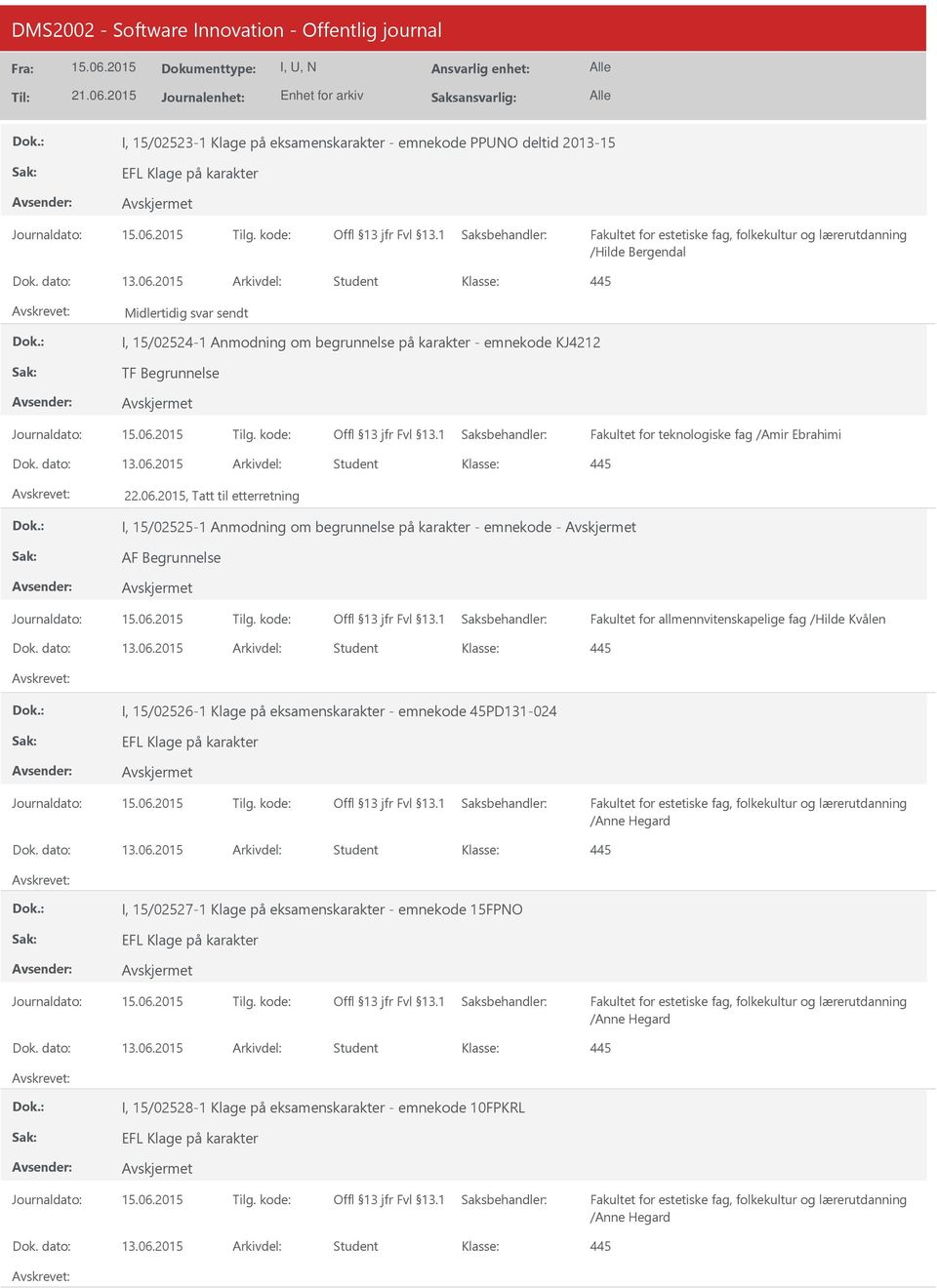2015 Arkivdel: Student 22.06.2015, Tatt til etterretning I, 15/02525-1 Anmodning om begrunnelse på karakter - emnekode - Dok. dato: 13.06.2015 Arkivdel: Student I, 15/02526-1 Klage på eksamenskarakter - emnekode 45PD131-024 /Anne Hegard Dok.