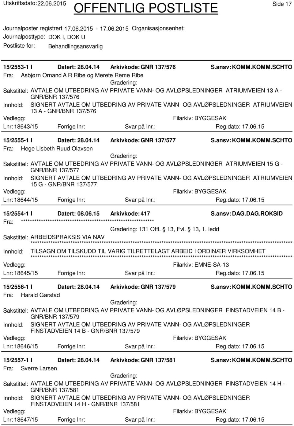 UTBEDRING AV PRIVATE VANN- OG AVLØPSLEDNINGER ATRIUMVEIEN 13 A - GNR/BNR 137/576 Lnr: 18643/15 Forrige lnr: Svar på lnr.: 15/2555-1 I Datert: 28.04.14 Arkivkode:GNR 137/577 S.ansv: KOMM.