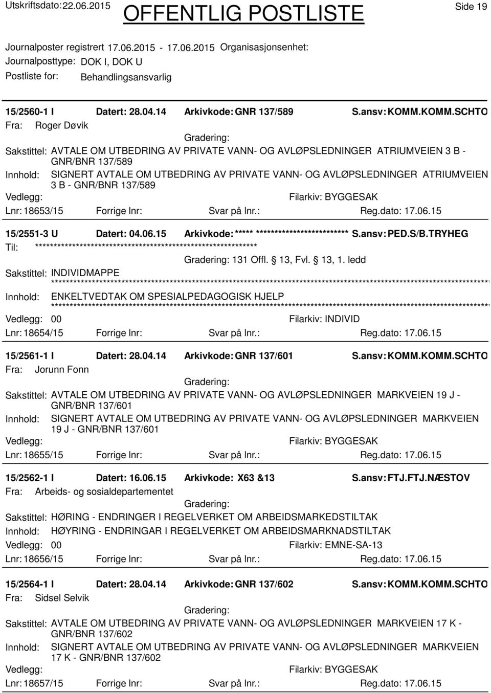 AVLØPSLEDNINGER ATRIUMVEIEN 3 B - GNR/BNR 137/589 Lnr: 18653/15 Forrige lnr: Svar på lnr.: 15/2551-3 U Datert: 04.06.15 Arkivkode:***** ****************************** S.ansv: PED.S/B.TRYHEG 131 Offl.