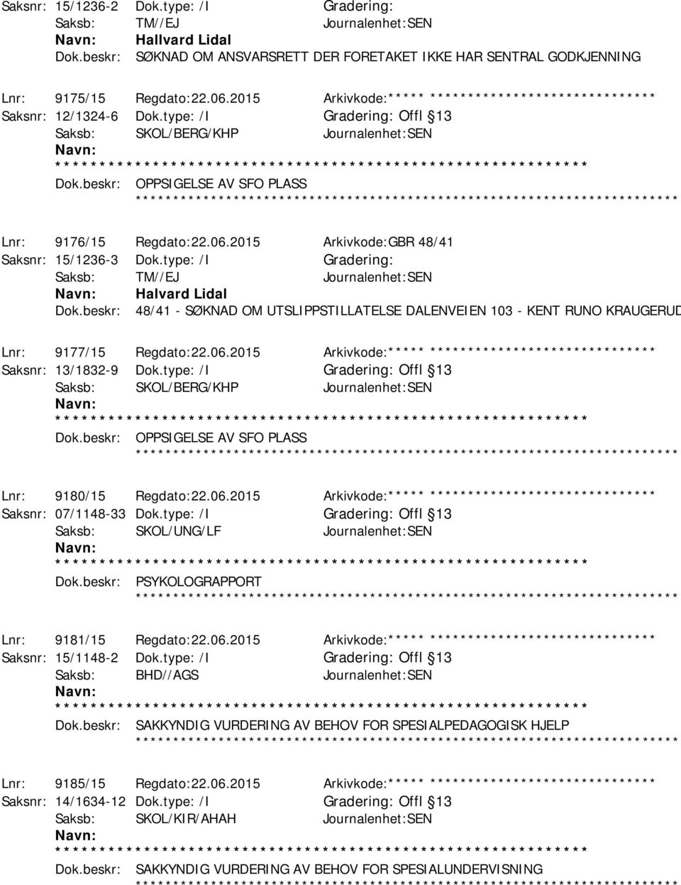 type: /I Gradering: Offl 13 Saksb: SKOL/BERG/KHP Journalenhet:SEN Dok.beskr: OPPSIGELSE AV SFO PLASS Dok.