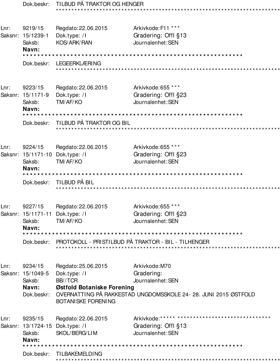 type: /I Gradering: Offl 23 Saksb: TM/AF/KO Journalenhet:SEN Dok.beskr: TILBUD PÅ TRAKTOR OG BIL ************ Lnr: 9224/15 Regdato:22.06.2015 Arkivkode:655 *** Saksnr: 15/1171-10 Dok.