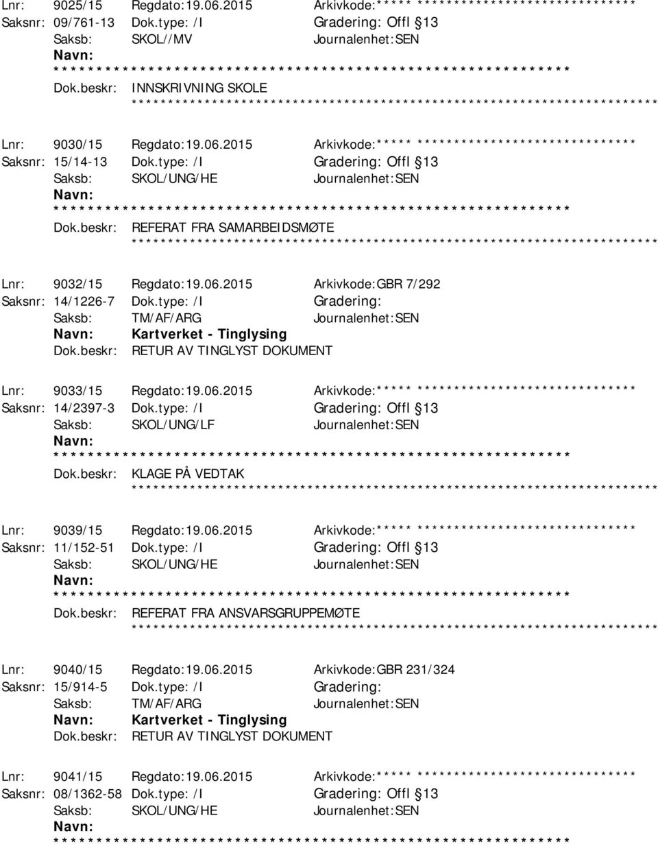 type: /I Gradering: Offl 13 Saksb: SKOL/UNG/HE Journalenhet:SEN Dok.beskr: REFERAT FRA SAMARBEIDSMØTE Lnr: 9032/15 Regdato:19.06.2015 Arkivkode:GBR 7/292 Saksnr: 14/1226-7 Dok.