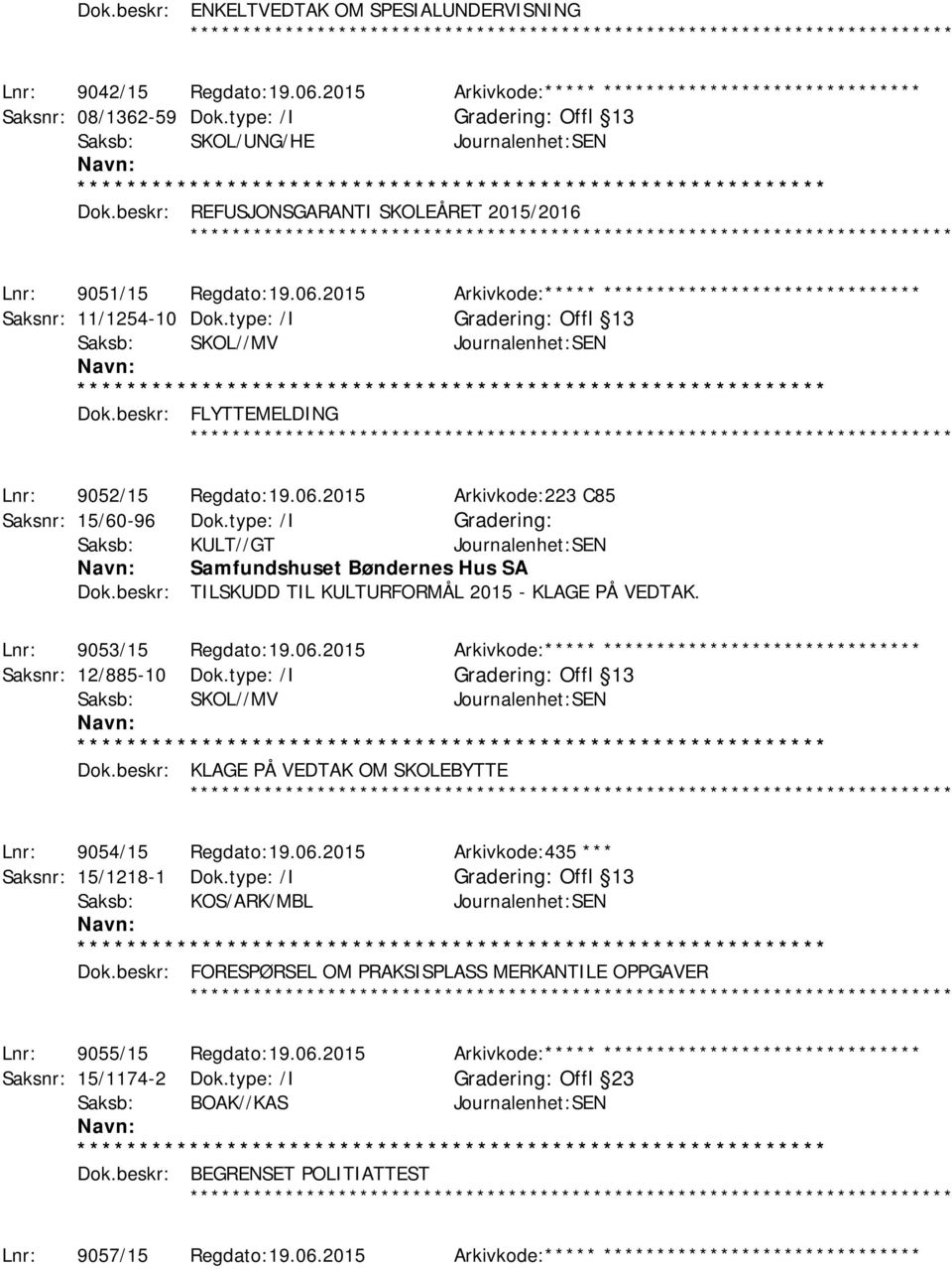 2015 Arkivkode:***** ****************************** Saksnr: 11/1254-10 Dok.type: /I Gradering: Offl 13 Saksb: SKOL//MV Journalenhet:SEN Dok.beskr: FLYTTEMELDING Lnr: 9052/15 Regdato:19.06.