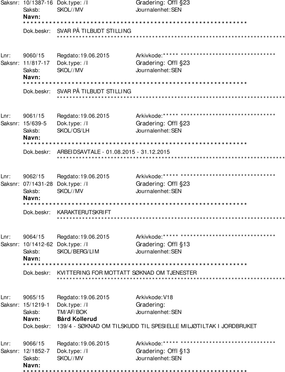 beskr: SVAR PÅ TILBUDT STILLING ************ Lnr: 9061/15 Regdato:19.06.2015 Arkivkode:***** ****************************** Saksnr: 15/639-5 Dok.