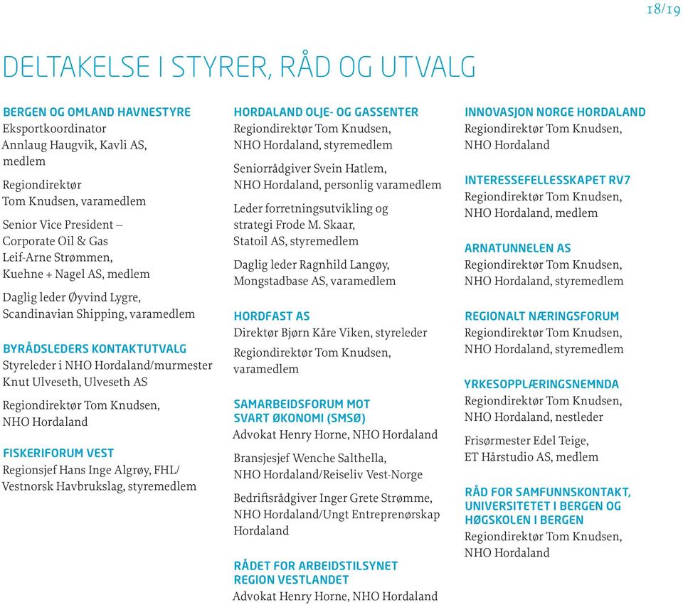 AS Regiondirektør Tom Knudsen, NHO Hordaland FISKERIFORUM VEST Regionsjef Hans Inge Algrøy, FHL/ Vestnorsk Havbrukslag, styremedlem HORDALAND OLJE- OG GASSENTER Regiondirektør Tom Knudsen, NHO