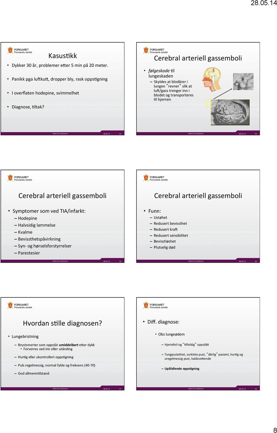 Symptomer som ved TIA/infarkt: Hodepine Halvsidig lammelse Kvalme Bevissthetspåvirkning Syn- og hørselsforstyrrelser Parestesier Cerebral arteriell gassemboli Funn: Ustøhet Redusert bevissthet