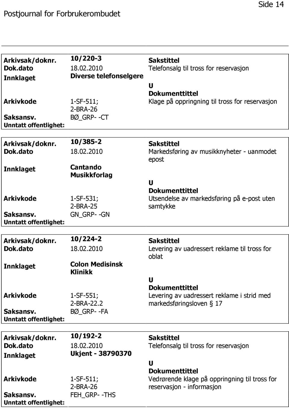 10/224-2 Sakstittel Dok.dato 18.02.2010 Levering av uadressert reklame til tross for oblat nnklaget Colon Medisinsk Klinikk 1-SF-551; 2-BRA-22.