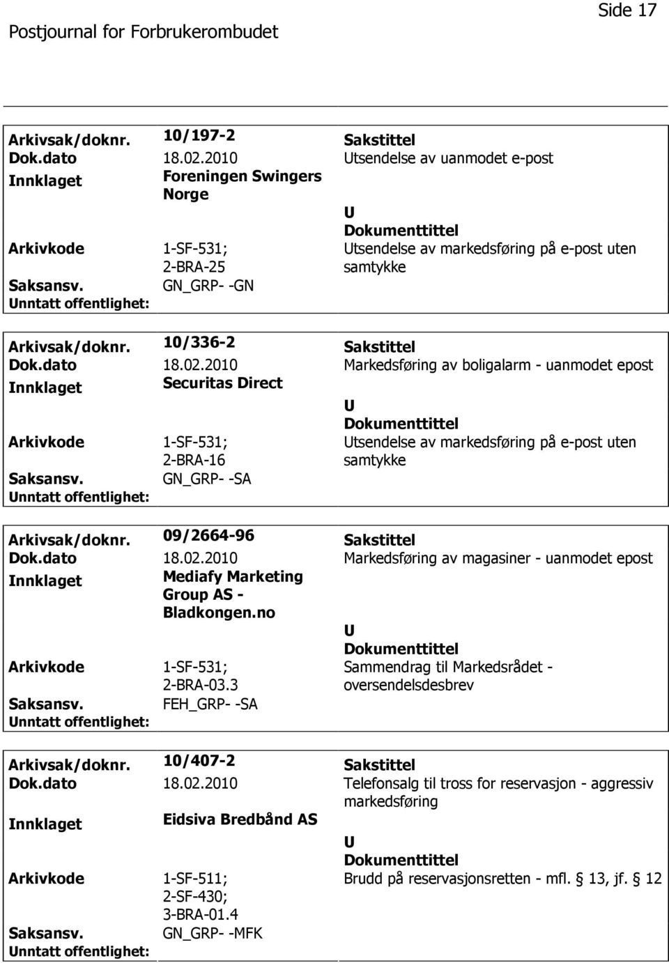 2010 Markedsføring av boligalarm - uanmodet epost nnklaget Securitas Direct 1-SF-531; 2-BRA-16 tsendelse av markedsføring på e-post uten samtykke GN_GRP- -SA Arkivsak/doknr. 09/2664-96 Sakstittel Dok.