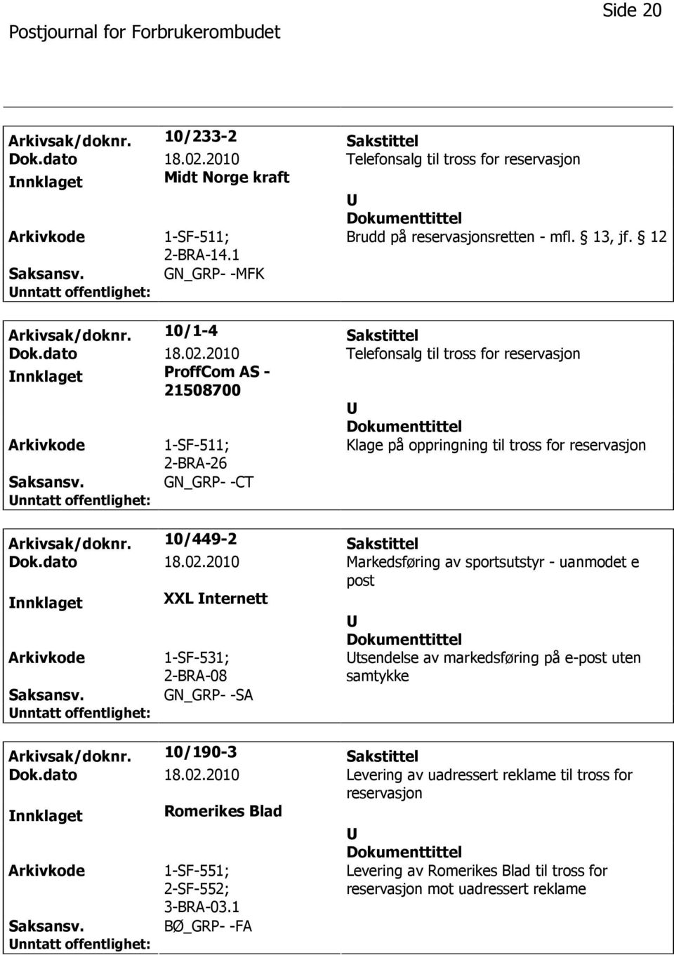 2010 Markedsføring av sportsutstyr - uanmodet e post nnklaget XXL nternett 1-SF-531; 2-BRA-08 GN_GRP- -SA tsendelse av markedsføring på e-post uten samtykke Arkivsak/doknr.