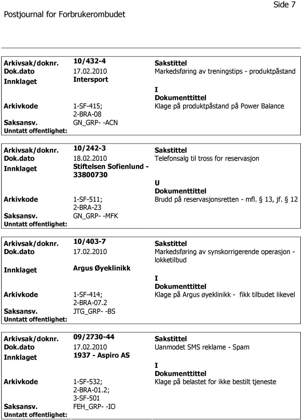 10/242-3 Sakstittel nnklaget Stiftelsen Sofienlund - 33800730 2-BRA-23 Brudd på reservasjonsretten - mfl. 13, jf. 12 GN_GRP- -MFK Arkivsak/doknr. 10/403-7 Sakstittel Dok.dato 17.02.