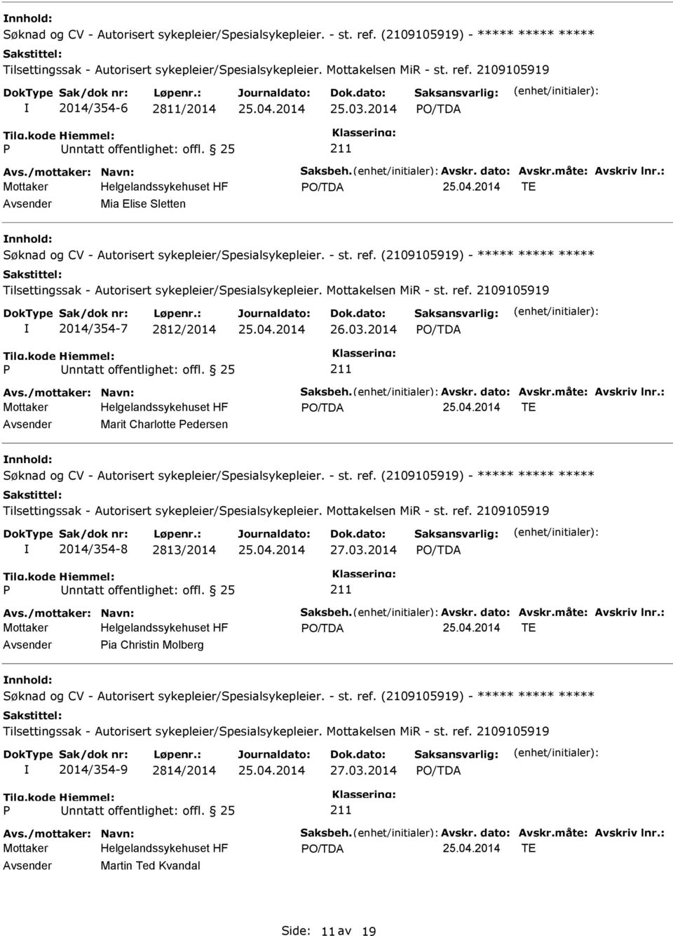 : TE Marit Charlotte edersen nnhold: ***** 2014/354-8 2813/2014 27.03.2014 Avs./mottaker: Navn: Saksbeh. Avskr. dato: Avskr.måte: Avskriv lnr.