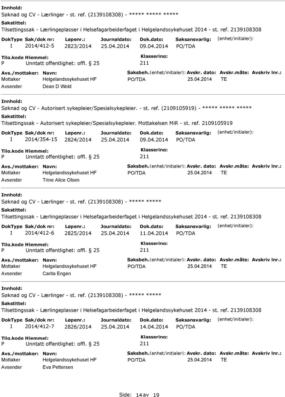 ref. (2139108308) - ***** ***** Tilsettingssak - Lærlingeplasser i Helsefagarbeiderfaget i Helgelandssykehuset 2014 - st. ref. 2139108308 2014/412-6 2825/2014 11.04.2014 Avs./mottaker: Navn: Saksbeh.