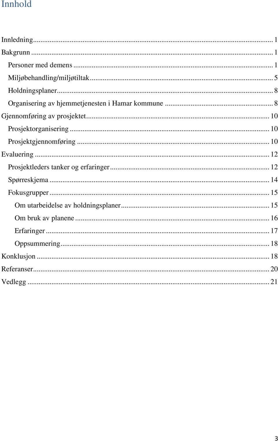 .. 10 Prosjektgjennomføring... 10 Evaluering... 12 Prosjektleders tanker og erfaringer... 12 Spørreskjema... 14 Fokusgrupper.