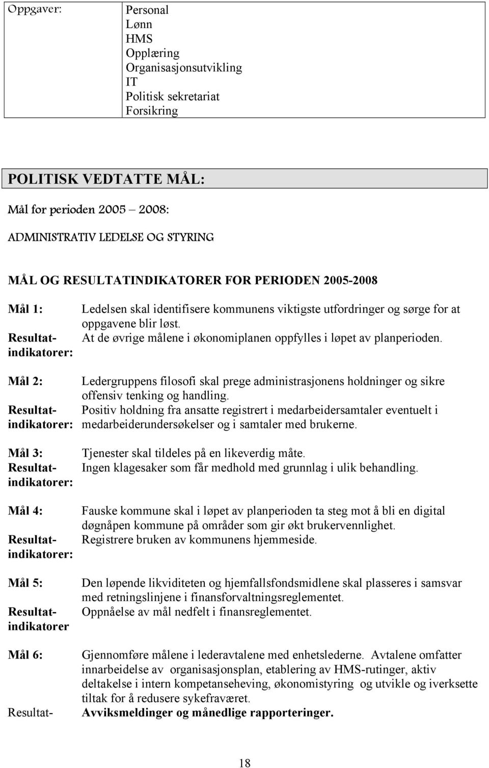 At de øvrige målene i økonomiplanen oppfylles i løpet av planperioden. Mål 2: Ledergruppens filosofi skal prege administrasjonens holdninger og sikre offensiv tenking og handling.