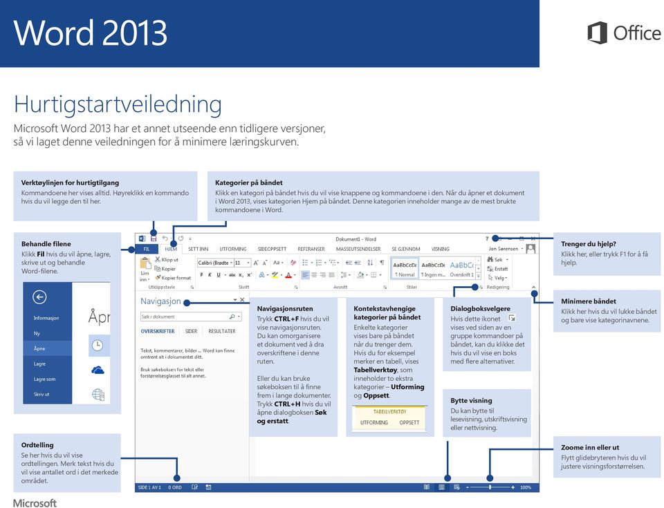 Kategorier på båndet Klikk en kategori på båndet hvis du vil vise knappene og kommandoene i den. Når du åpner et dokument i Word 2013, vises kategorien Hjem på båndet.