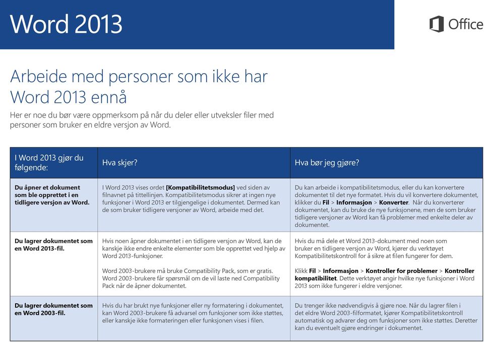 I Word 2013 vises ordet [Kompatibilitetsmodus] ved siden av filnavnet på tittellinjen. Kompatibilitetsmodus sikrer at ingen nye funksjoner i Word 2013 er tilgjengelige i dokumentet.