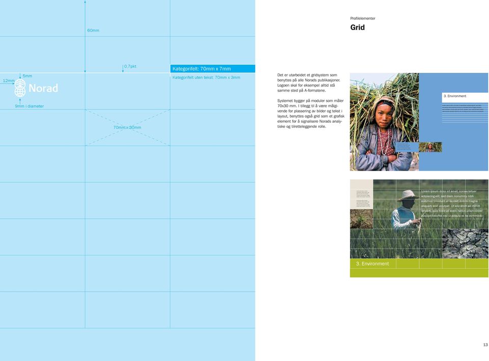 I tillegg til å være målgivende for plassering av bilder og tekst i layout, benyttes også grid som et grafisk element for å signalisere Norads analytiske og tilretteleggende rolle. 3.