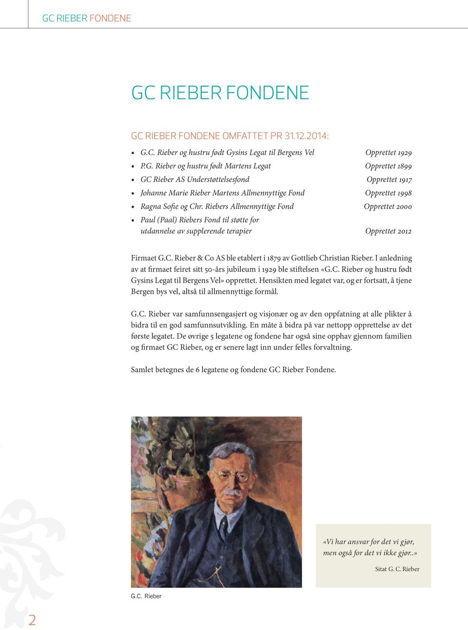 Rieber & Co AS ble etablert i 1879 av Gottlieb Christian Rieber. I anledning av at firmaet feiret sitt 50-års jubileum i 1929 ble stiftelsen «G.C. Rieber og hustru født Gysins Legat til Bergens Vel» opprettet.