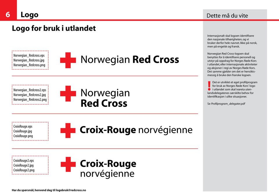 Norwegian Red Cross-logoen skal benyttes for å identifisere personell og utstyr på oppdrag for Norges Røde Kors i utlandet, eller internasjonale aktiviteter og aksjoner i regi av Norges Røde Kors.