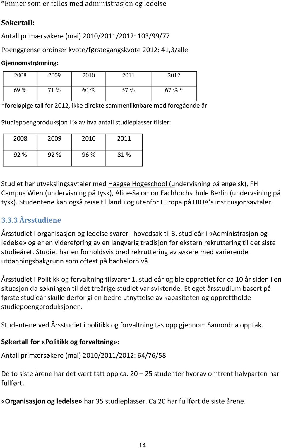 2011 92 % 92 % 96 % 81 % Studiet har utvekslingsavtaler med Haagse Hogeschool (undervisning på engelsk), FH Campus Wien (undervisning på tysk), Alice-Salomon Fachhochschule Berlin (undervsining på