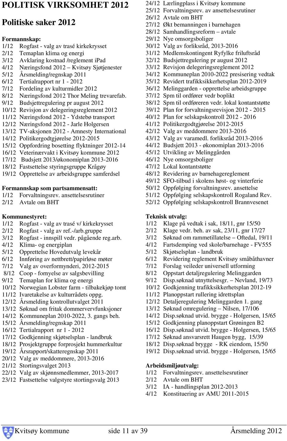 9/12 Budsjettregulering pr august 2012 10/12 Revisjon av delegeringsreglement 2012 11/12 Næringsfond 2012 - Ydstebø transport 12/12 Næringsfond 2012 - Jarle Holgersen 13/12 TV-aksjonen 2012 - Amnesty