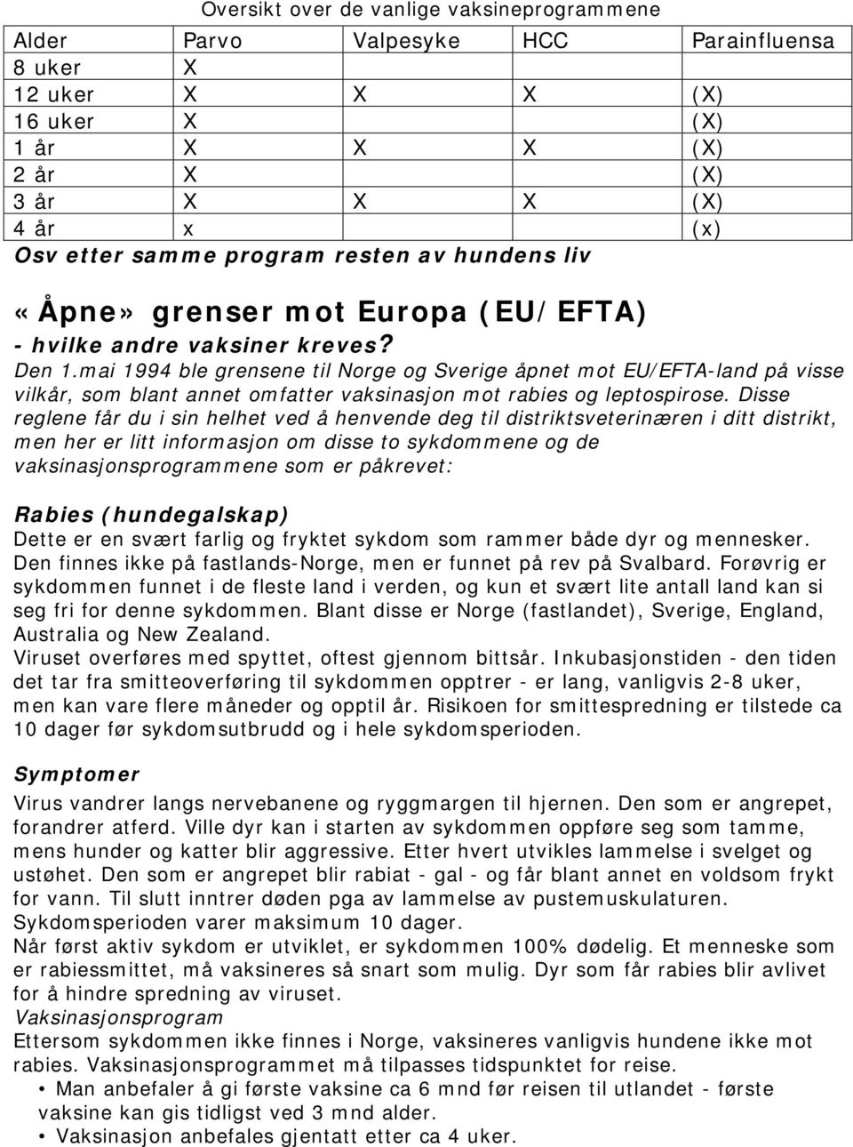 mai 1994 ble grensene til Norge og Sverige åpnet mot EU/EFTA-land på visse vilkår, som blant annet omfatter vaksinasjon mot rabies og leptospirose.