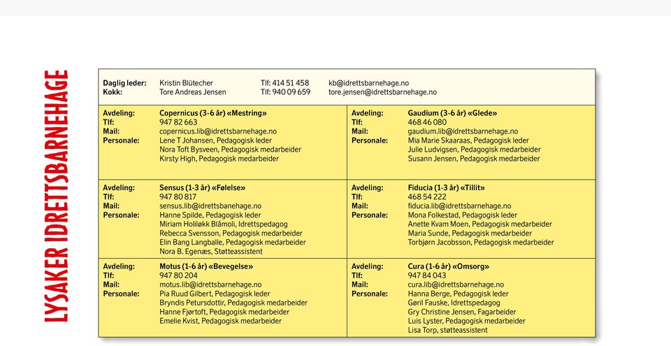 no Personale: Lene T Johansen, Pedagogisk leder Nora Toft Bysveen, Pedagogisk medarbeider Kirsty High, Pedagogisk medarbeider Avdeling: Sensus (1-3 år) «Følelse» Tlf: 947 80 817 Mail: sensus.