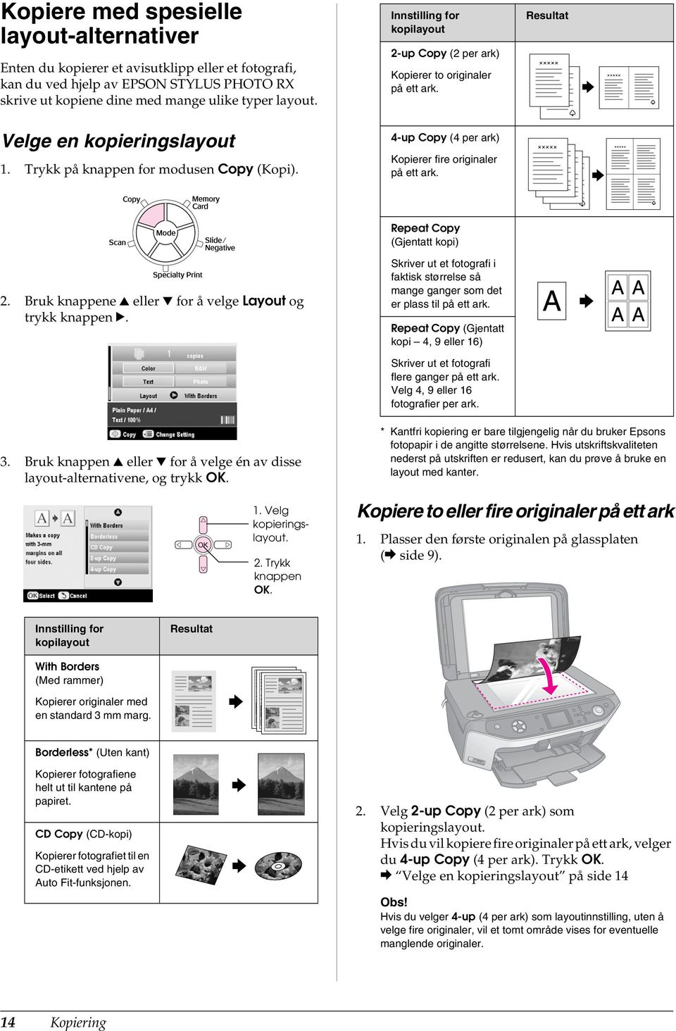 4-up Copy (4 per ark) Kopierer fire originaler på ett ark. Resultat 2. Bruk knappene u eller d for å velge Layout og trykk knappen r.