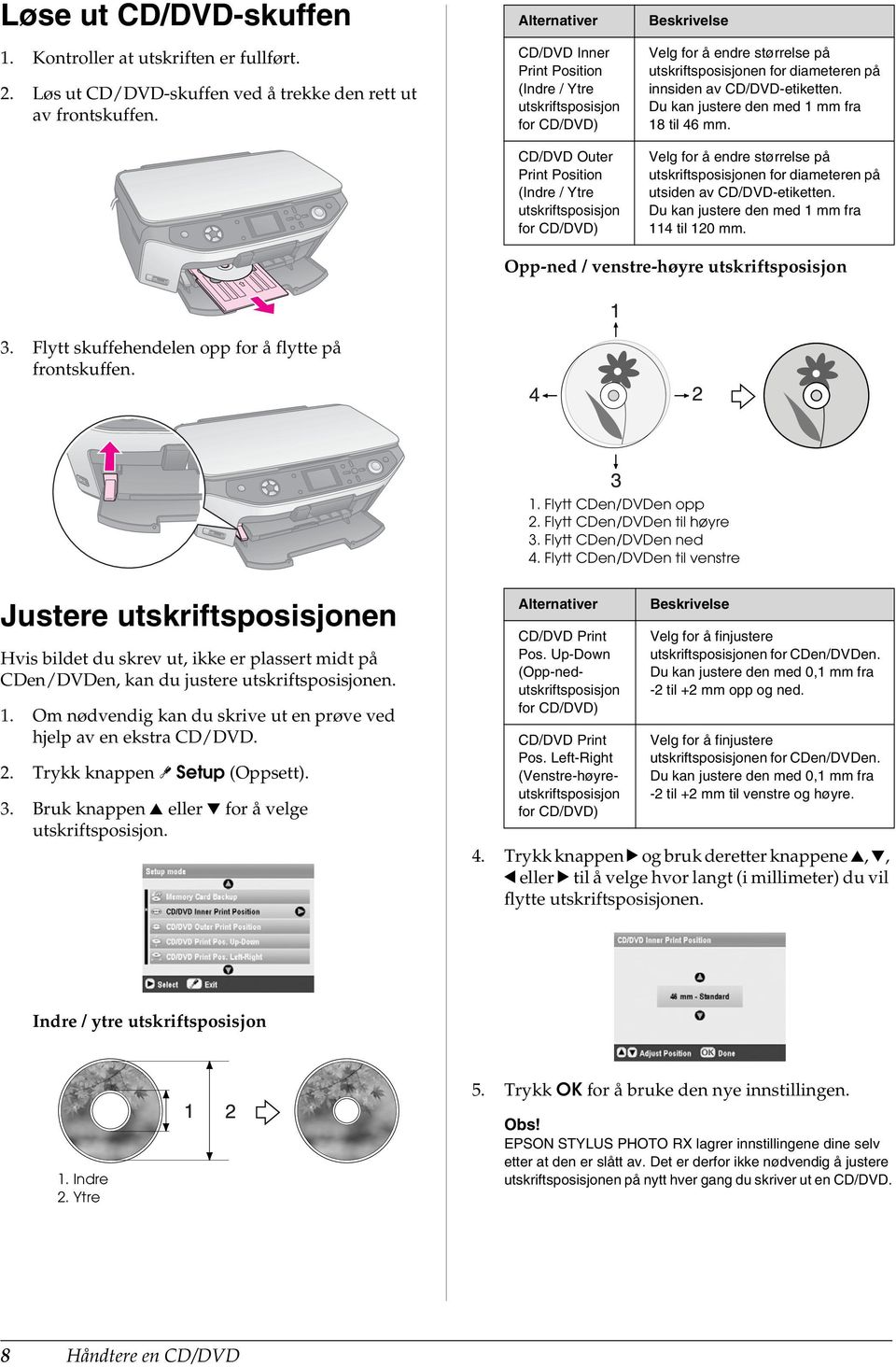 utskriftsposisjonen for diameteren på innsiden av CD/DVD-etiketten. Du kan justere den med 1 mm fra 18 til 46 mm.