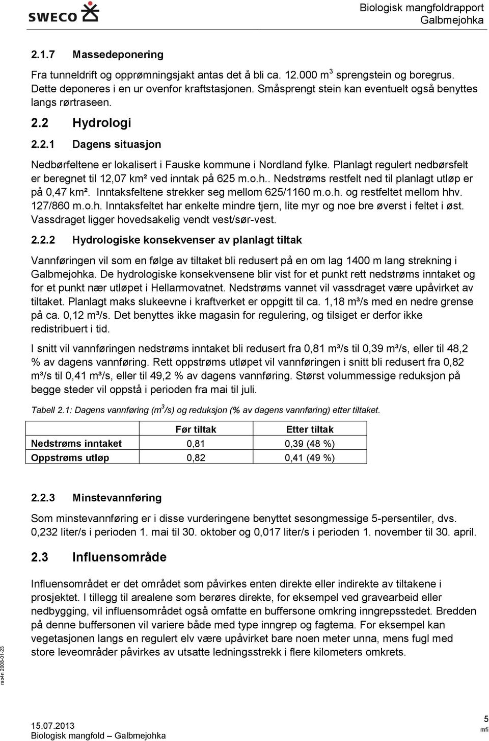 Planlagt regulert nedbørsfelt er beregnet til 12,07 km² ved inntak på 625 m.o.h.. Nedstrøms restfelt ned til planlagt utløp er på 0,47 km². Inntaksfeltene strekker seg mellom 625/1160 m.o.h. og restfeltet mellom hhv.