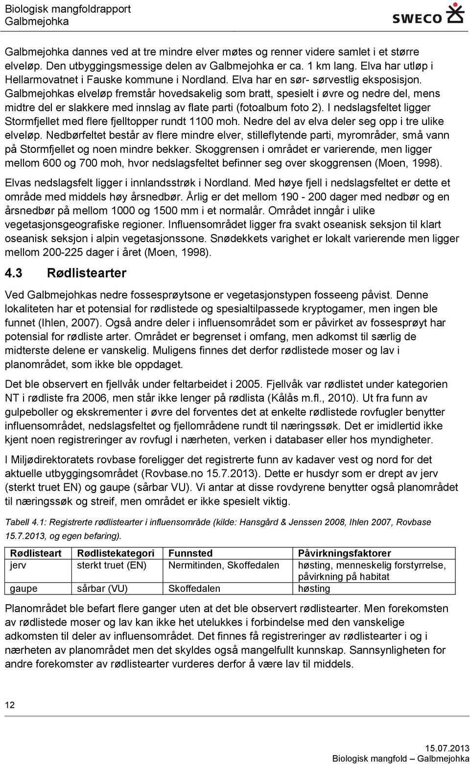 s elveløp fremstår hovedsakelig som bratt, spesielt i øvre og nedre del, mens midtre del er slakkere med innslag av flate parti (fotoalbum foto 2).