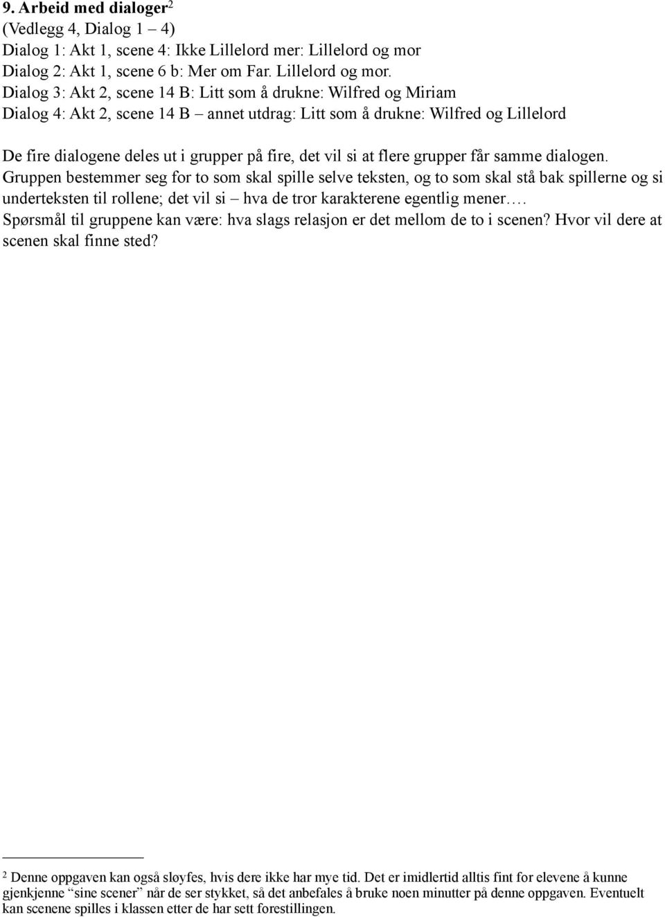 Dialog 3: Akt 2, scene 14 B: Litt som å drukne: Wilfred og Miriam Dialog 4: Akt 2, scene 14 B annet utdrag: Litt som å drukne: Wilfred og Lillelord De fire dialogene deles ut i grupper på fire, det