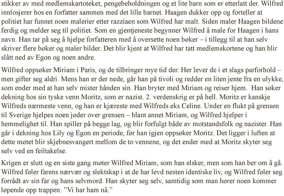 Som en gjentjeneste begynner Wilfred å male for Haagen i hans navn. Han tar på seg å hjelpe forfatteren med å oversette noen bøker i tillegg til at han selv skriver flere bøker og maler bilder.