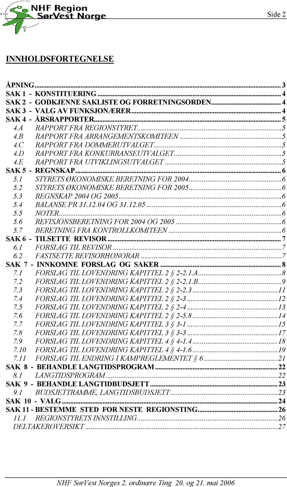 .. 5 SAK 5 - REGNSKAP... 6 5.1 STYRETS ØKONOMISKE BERETNING FOR 2004... 6 5.2 STYRETS ØKONOMISKE BERETNING FOR 2005... 6 5.3 REGNSKAP 2004 OG 2005... 6 5.4 BALANSE PR 31.12.04 OG 31.12.05... 6 5.5 NOTER.