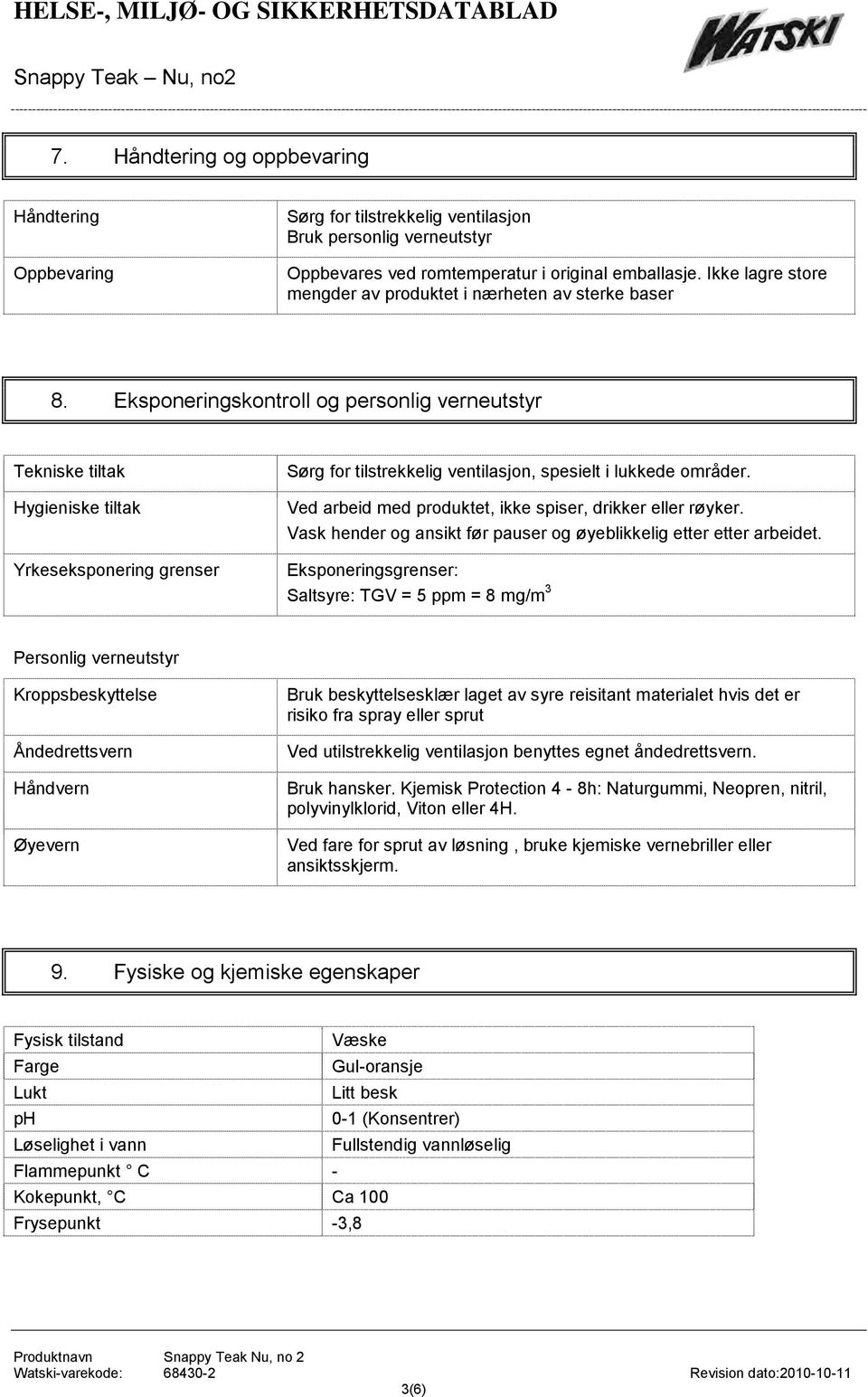 Eksponeringskontroll og personlig verneutstyr Tekniske tiltak Hygieniske tiltak Yrkeseksponering grenser Sørg for tilstrekkelig ventilasjon, spesielt i lukkede områder.