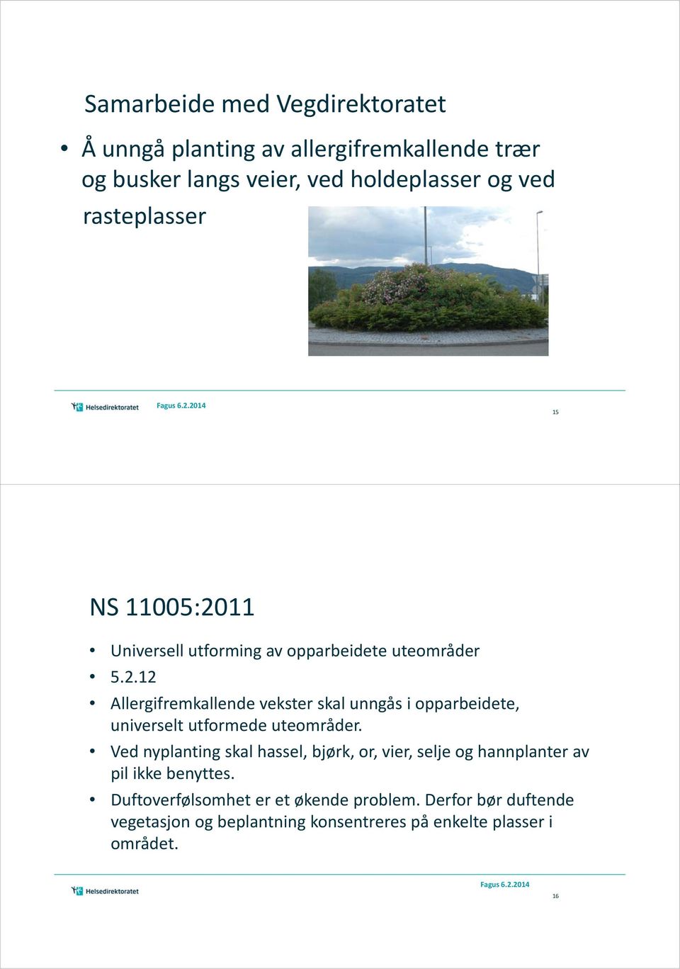 Ved nyplanting skal hassel, bjørk, or, vier, selje og hannplanter av pil ikke benyttes. Duftoverfølsomhet er et økende problem.