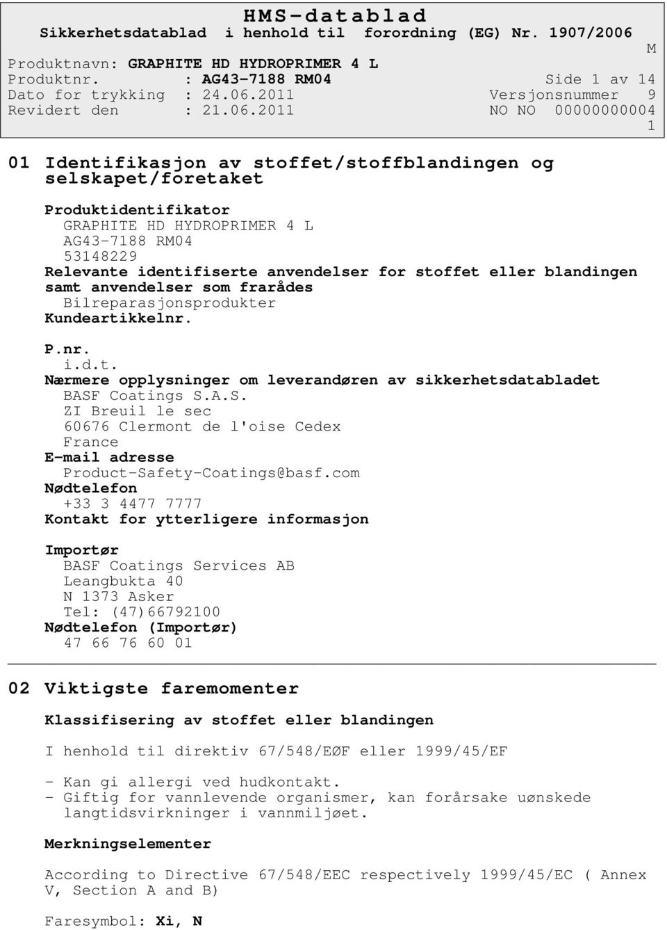 anvendelser for stoffet eller blandingen samt anvendelser som frarådes Bilreparasjonsprodukter Kundeartikkelnr. P.nr. i.d.t. Nærmere opplysninger om leverandøren av sikkerhetsdatabladet BASF Coatings S.