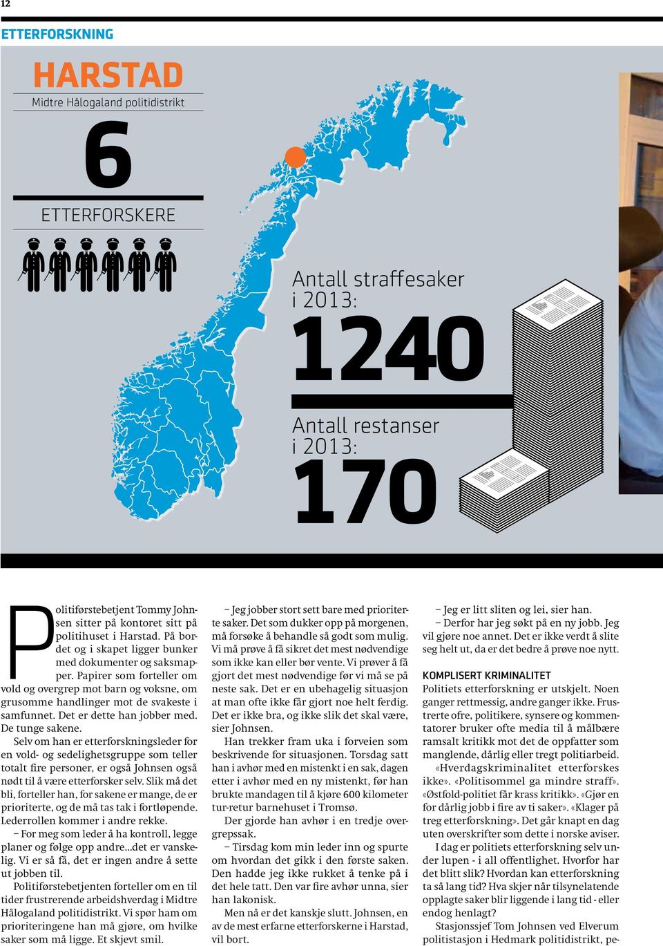 Papirer som forteller om vold og overgrep mot barn og voksne, om grusomme handlinger mot de svakeste i samfunnet. Det er dette han jobber med. De tunge sakene.