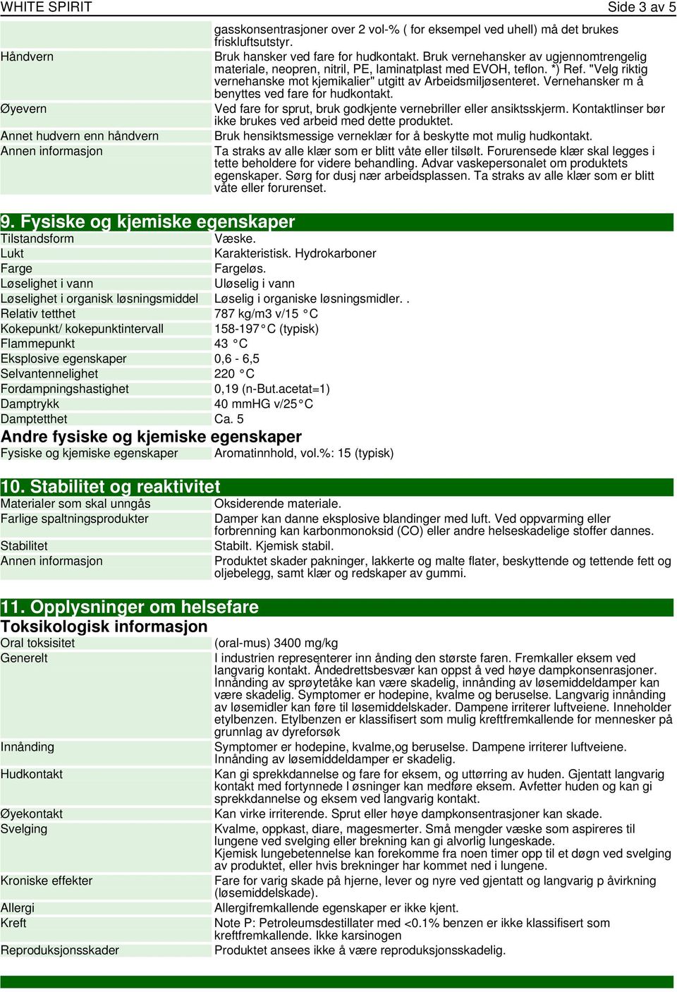 . Relativ tetthet 787 kg/m3 v/15 C Kokepunkt/ kokepunktintervall 158-197 C (typisk) Flammepunkt 43 C Eksplosive egenskaper 0,6-6,5 Selvantennelighet 220 C Fordampningshastighet 0,19 (n-but.