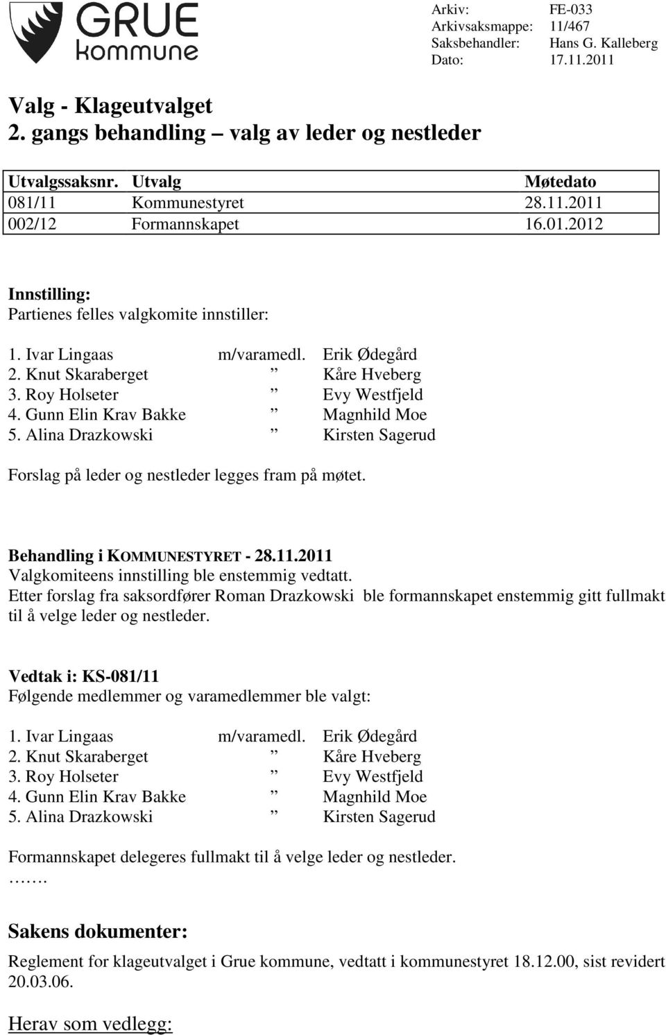 Knut Skaraberget Kåre Hveberg 3. Roy Holseter Evy Westfjeld 4. Gunn Elin Krav Bakke Magnhild Moe 5. Alina Drazkowski Kirsten Sagerud Forslag på leder og nestleder legges fram på møtet.