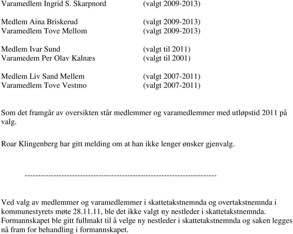 Sand Mellem (valgt 2007-2011) Varamedlem Tove Vestmo (valgt 2007-2011) Som det framgår av oversikten står medlemmer og varamedlemmer med utløpstid 2011 på valg.